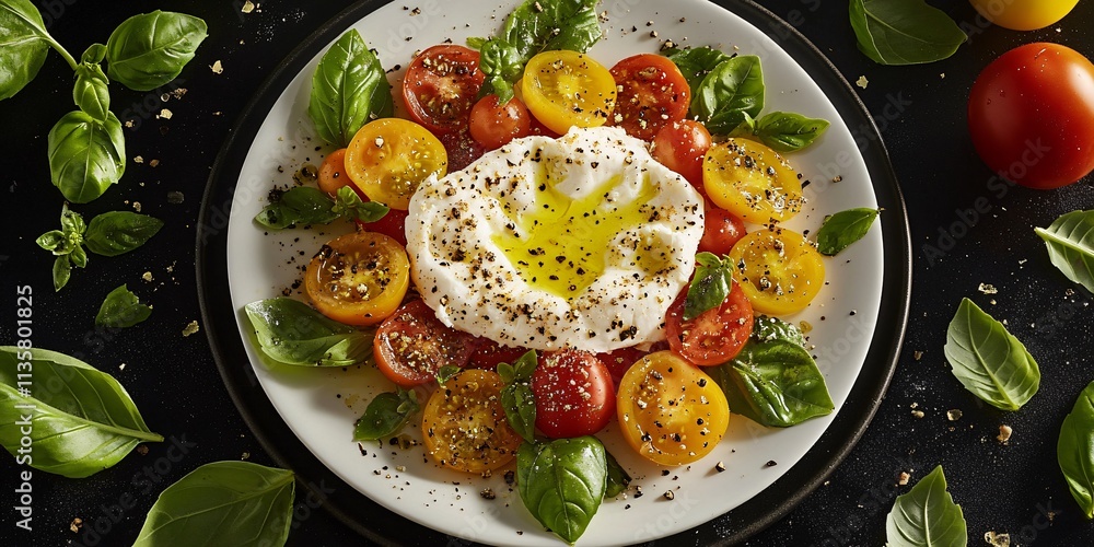 Burrata Cheese Salad with Colorful Tomatoes and Basil Burrata Cheese Salad with Colorful Tomatoes and Basil