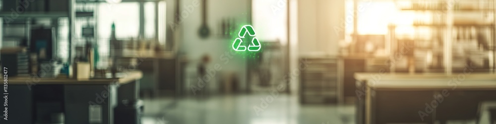 single green business logo projected mid-air in modern office with blurred sustainable tools in background single green business logo projected mid-air in modern office with blurred sustainable tools in background