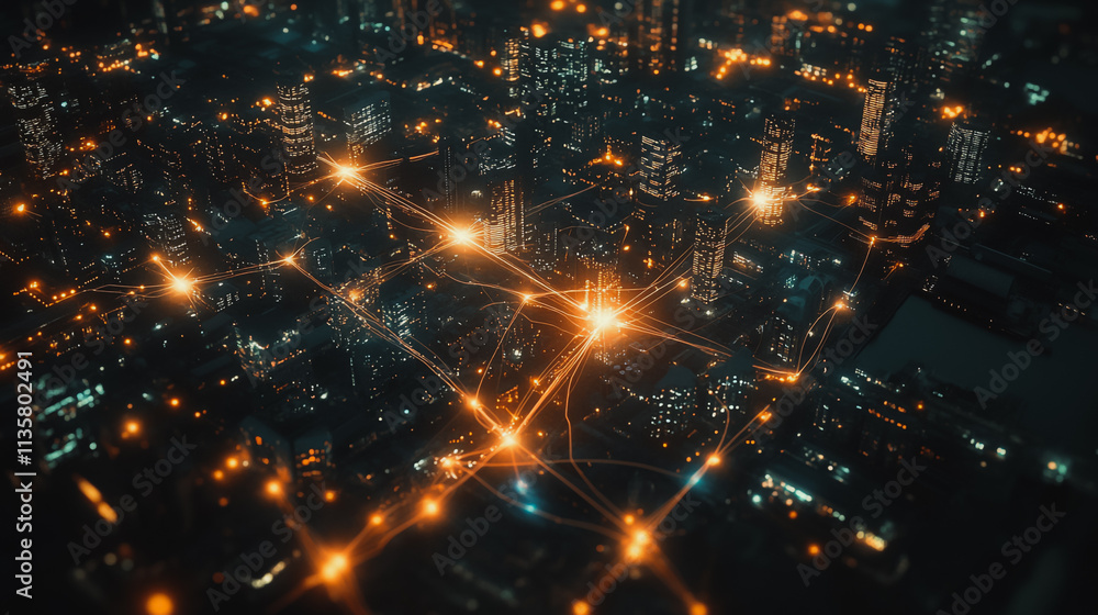 Obraz premium Smart digital Innovation city with connection network reciprocity over the cityscape. of future smart wireless digital city and social media networking systems that connects people with in city