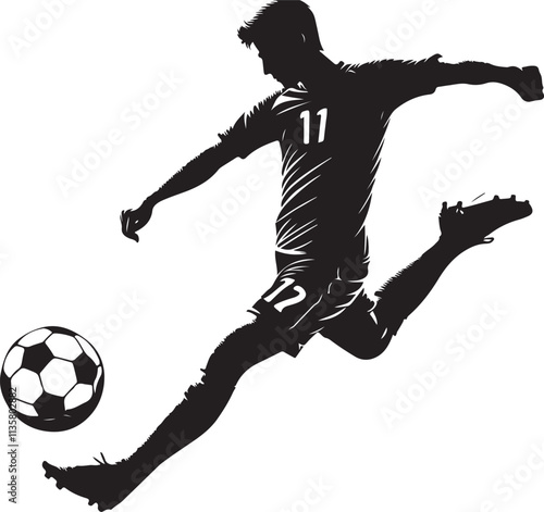 Soccer player kicking ball silhouette vector art illustration