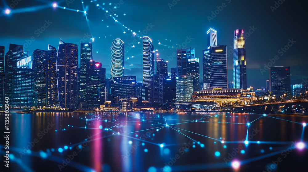 Obraz premium Smart digital Innovation city with connection network reciprocity over the cityscape. of future smart wireless digital city and social media networking systems that connects people with in city