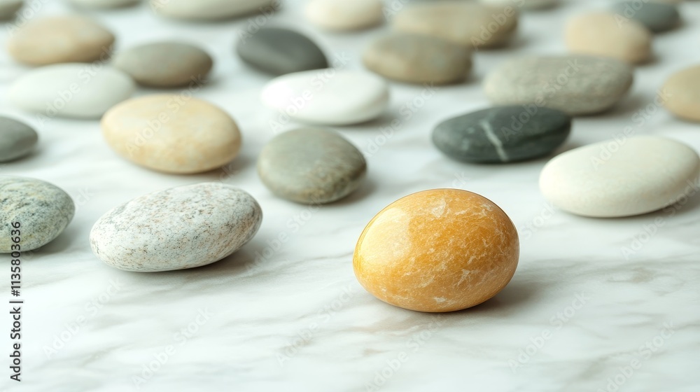 A collection of smooth stones arranged on a light marble surface. A collection of smooth stones arranged on a light marble surface.