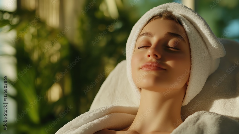Fototapeta premium Woman with towel in sunlight among plants. Spa relaxation concept