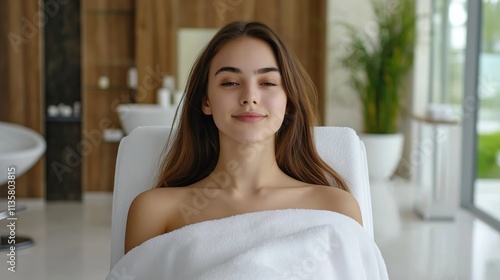 Woman in white towel with natural smile at spa. Wellness treatment concept