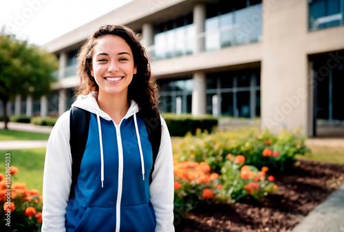 Joven universitaria sonriendo al aire libre en campus universitario