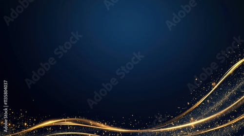 Gold waves with sparkles on navy blue background with copy space. Luxury design concept