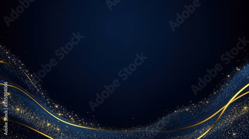 Gold lines with glitter on dark blue backdrop with copy space. Premium design concept