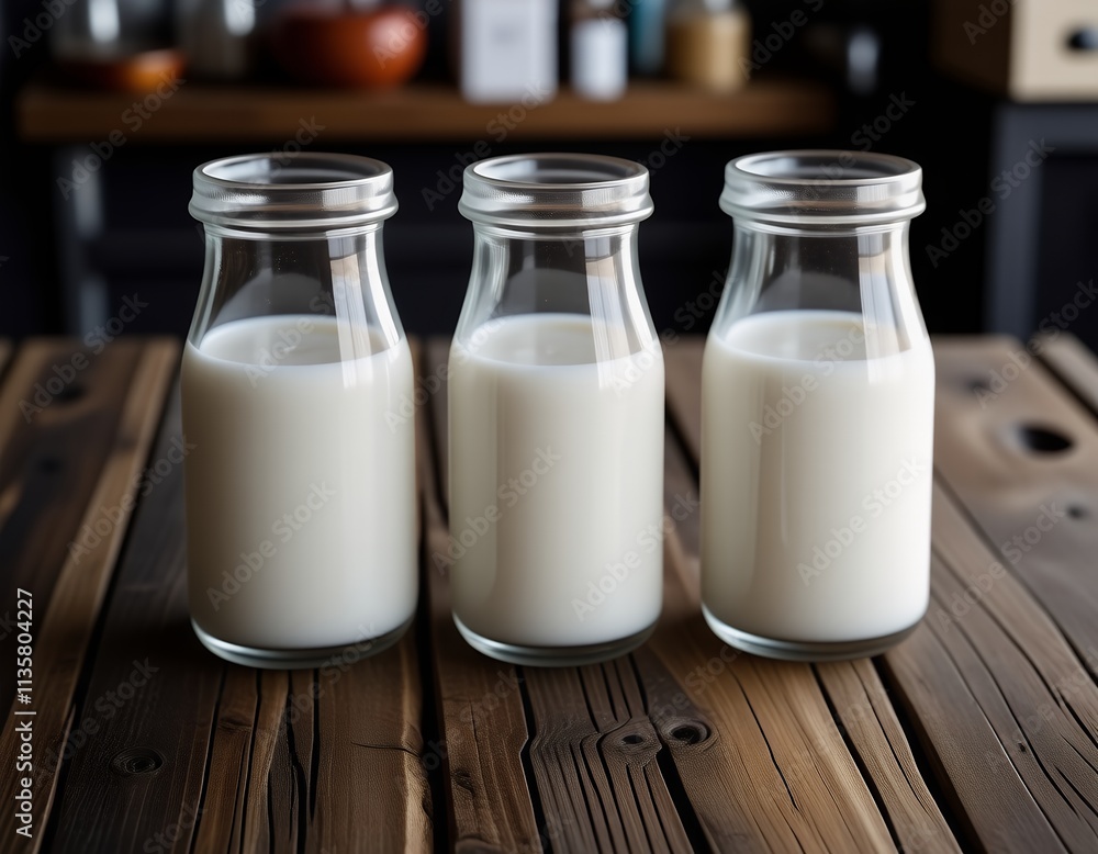 Three Glass Bottles of Milk on Rustic Wooden Table Three Glass Bottles of Milk on Rustic Wooden Table