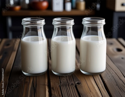 Three Glass Bottles of Milk on Rustic Wooden Table