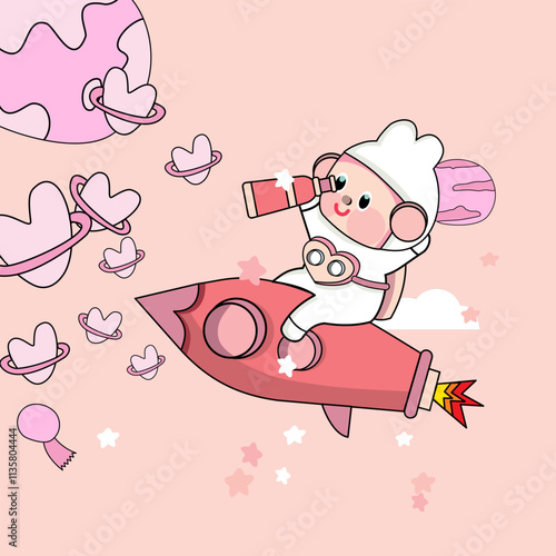 cupid with bow, Cute Kawaii Cute bunny funny Sweet rabbit Astronaut with Rocket and Earth star, happy valentine, valentine day, calligraphy, 