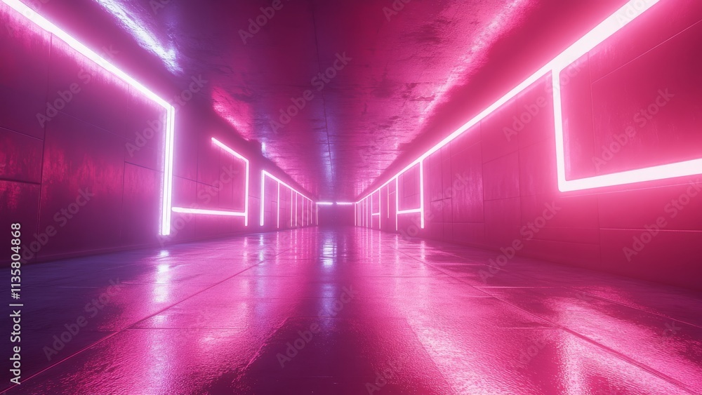 Neon corridor with pink lights reflecting on wet floor Neon corridor with pink lights reflecting on wet floor