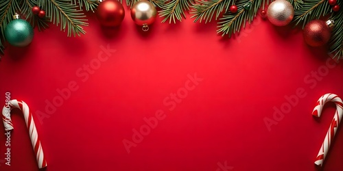 Merry Christmas and happy New Year background, Christmas baubles, candies and tree branches on red background with copy space for greeting card