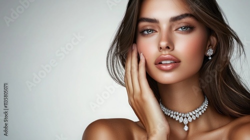 A glamorous jewelry model displaying a set of diamond jewelry, posing under soft studio lighting for a campaign.