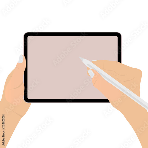 Human Hands Holding Tablet And Pencil, Blank Screen, Isolated On White Background. Flat Vector illustration