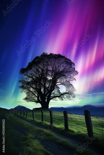 Scenic of Southern lights aurora borealis green and purple with meadow fields at night, In New Zealand Winter Season, South Pole, Landscape photo