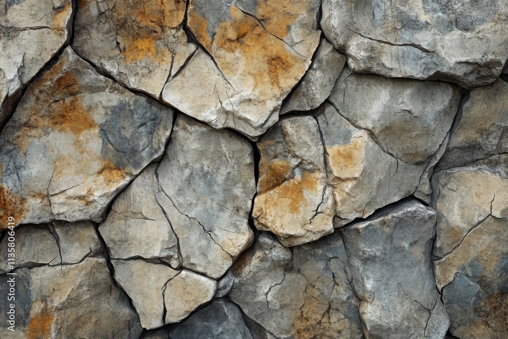 Cracked Rock Surface Shows Diverse Colors and Textures, Stone Background with Cracks and Texture Details. Cracked Rock Surface Shows Diverse Colors and Textures, Stone Background with Cracks and Texture Details.