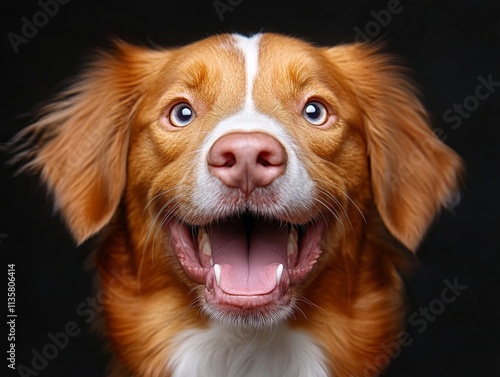 A brown and white dog with its mouth open and tongue out