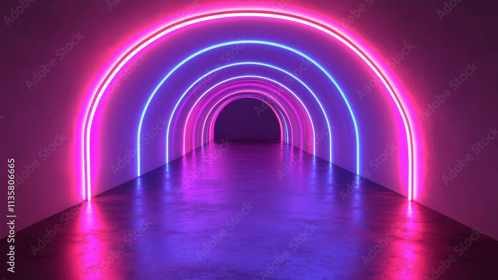 Vibrant neon arches illuminate a modern urban corridor at night Vibrant neon arches illuminate a modern urban corridor at night