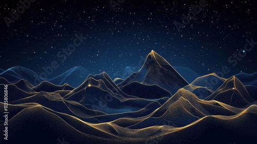 Vector illustration of golden lines in the shape of mountains on a starry sky background. Abstract background concept