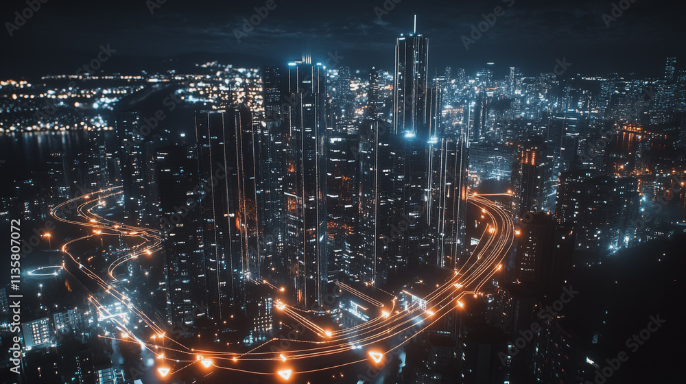 Smart digital Innovation city with connection network reciprocity over the cityscape. of future smart wireless digital city and social media networking systems that connects people with in city Smart digital Innovation city with connection network reciprocity over the cityscape. of future smart wireless digital city and social media networking systems that connects people with in city