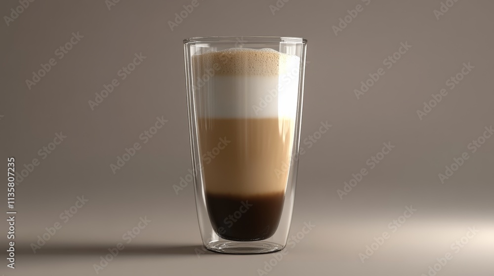 A detailed 3D model of a latte macchiato with frothy layers in a tall glass, clean and precise A detailed 3D model of a latte macchiato with frothy layers in a tall glass, clean and precise