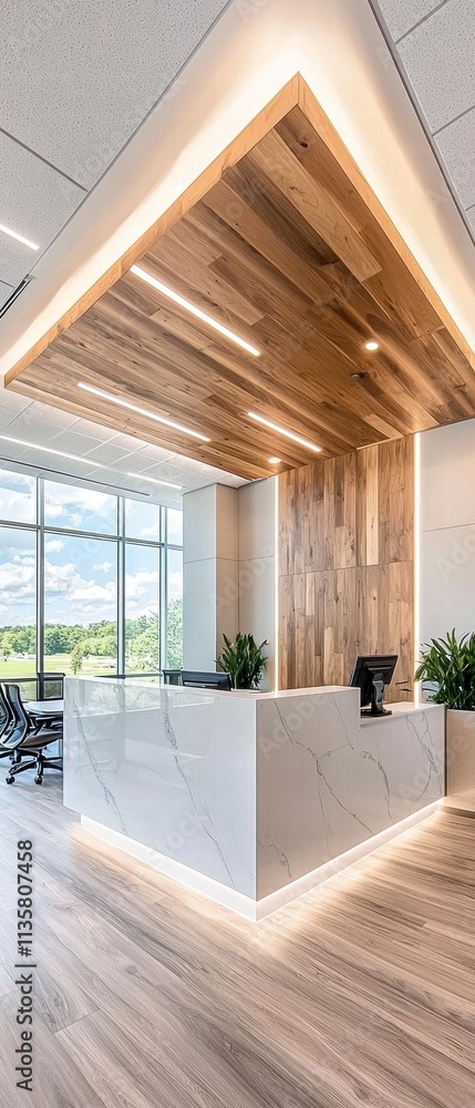 Modern Office Reception Desk with Wood and Marble Accents Modern Office Reception Desk with Wood and Marble Accents