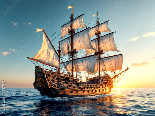 A grand wooden sailing ship journeys through tranquil seas at dusk, with billowing sails catching the sunlight, surrounded by seagulls and a serene, glowing horizon stretching into the distance.