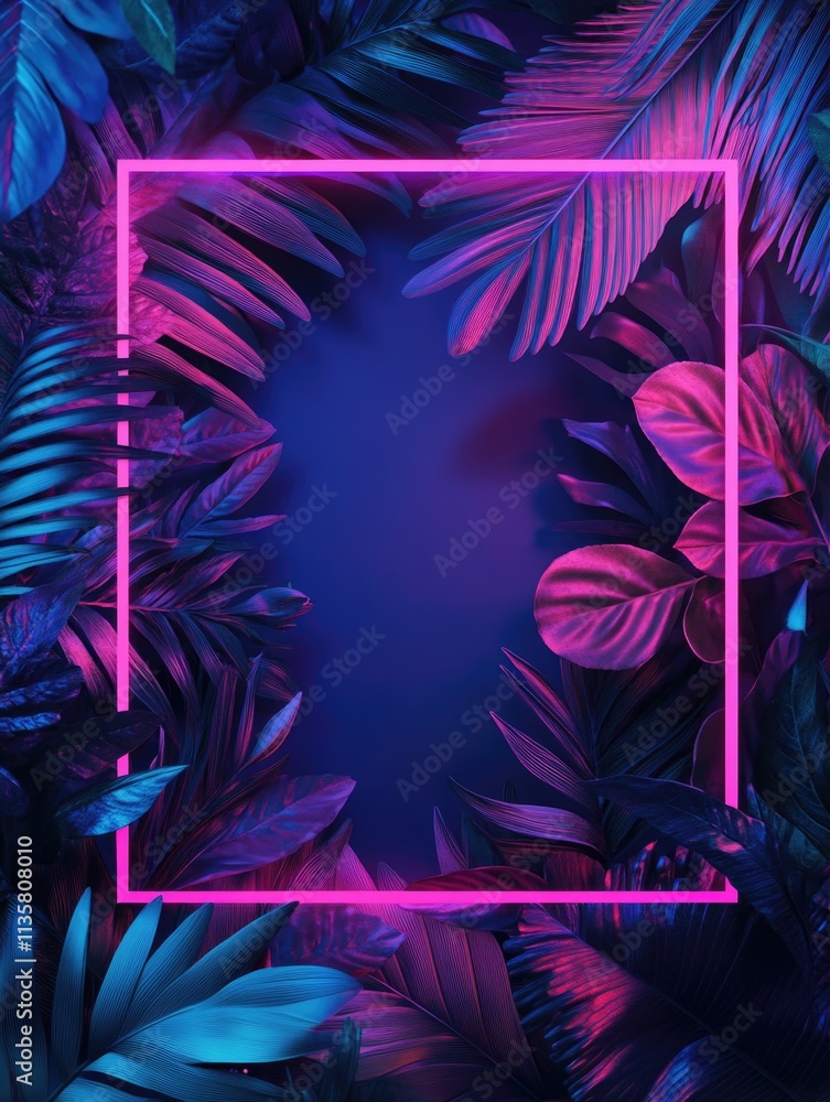 Neon Frame with Tropical Leaves Neon Frame with Tropical Leaves