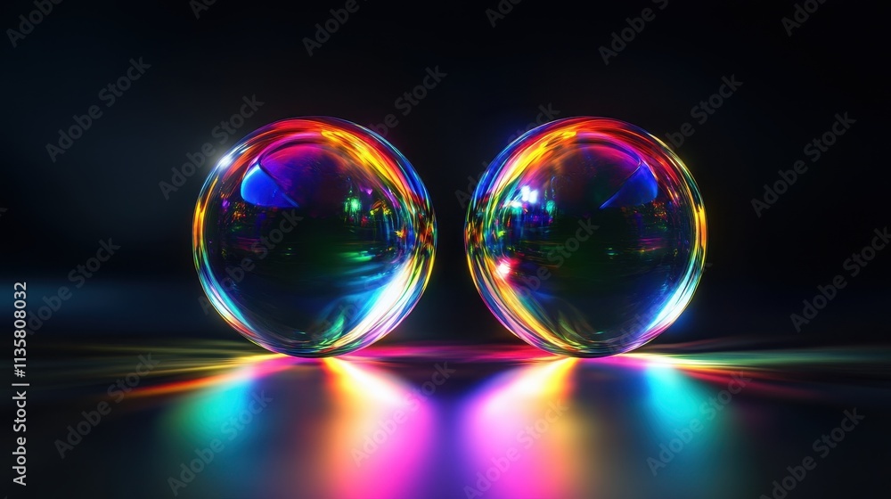 Abstract black background with two colorful glass balls and rainbow reflections Abstract black background with two colorful glass balls and rainbow reflections