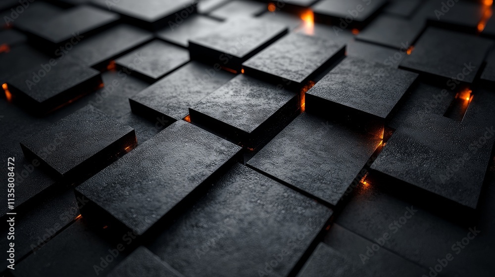 Abstract 3D render of black squares forming a geometric pattern, creating a dynamic background design with sharp lines and a modern aesthetic, perfect for digital art, technology, and design concepts. Abstract 3D render of black squares forming a geometric pattern, creating a dynamic background design with sharp lines and a modern aesthetic, perfect for digital art, technology, and design concepts.