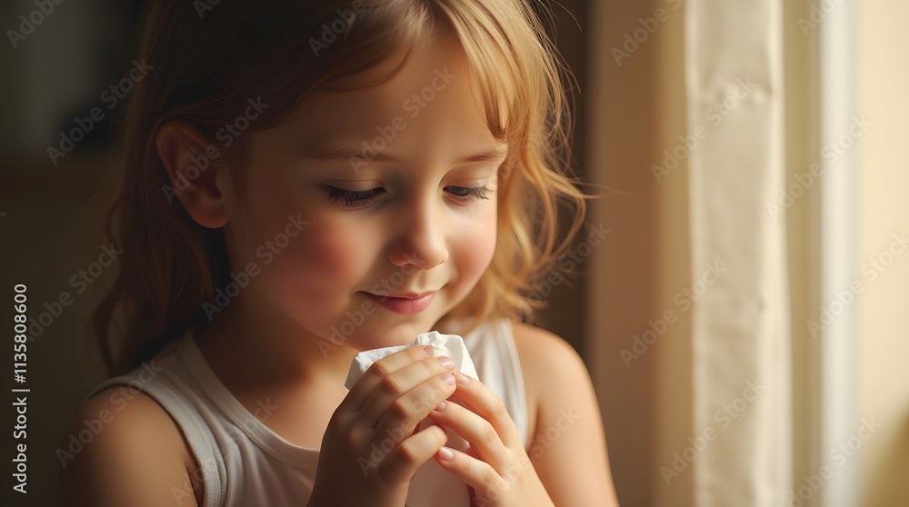 Sweet Little Girl Gently Holds Tissue, Sunlight Streams In; A Touching Moment. Sweet Little Girl Gently Holds Tissue, Sunlight Streams In; A Touching Moment.