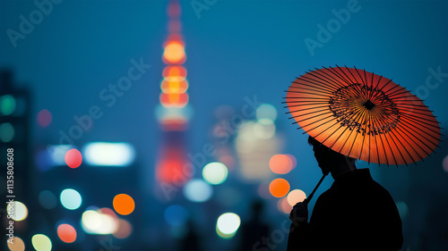 ぼかしの背景に浮かぶ和傘のシルエットとスカイツリー photo