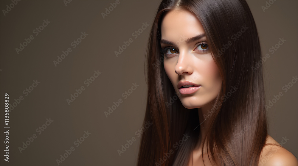 Gorgeous model with sleek long shiny brown hair Keratin treatment care and spa for a sleek style Gorgeous model with sleek long shiny brown hair Keratin treatment care and spa for a sleek style
