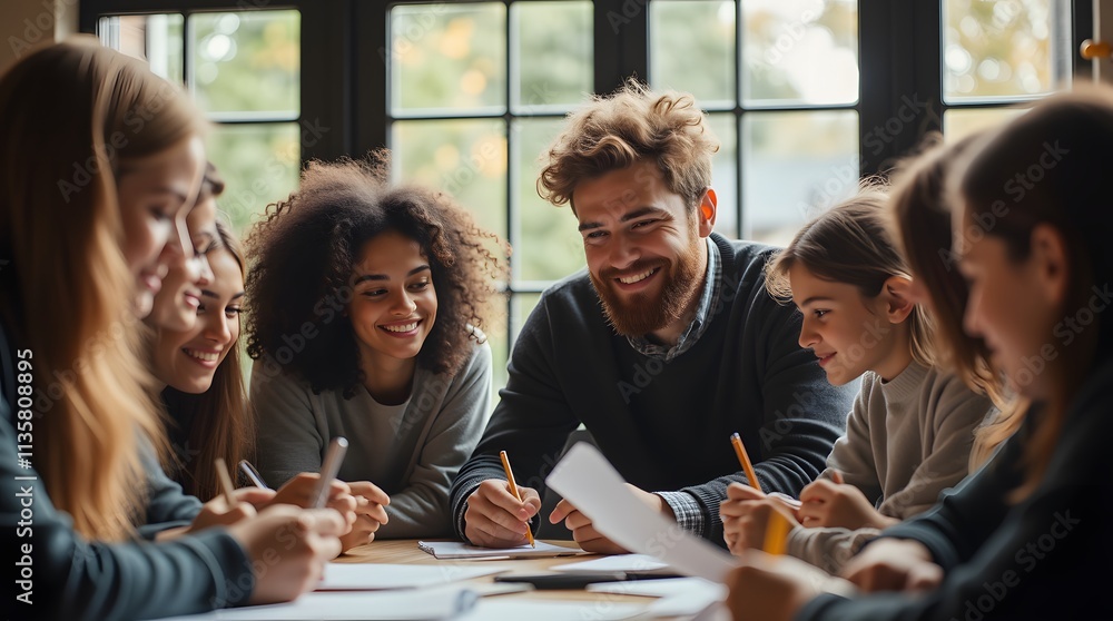 Collaborative Learning: Students and teacher engage in a focused study session, exchanging ideas and knowledge. Collaborative Learning: Students and teacher engage in a focused study session, exchanging ideas and knowledge.