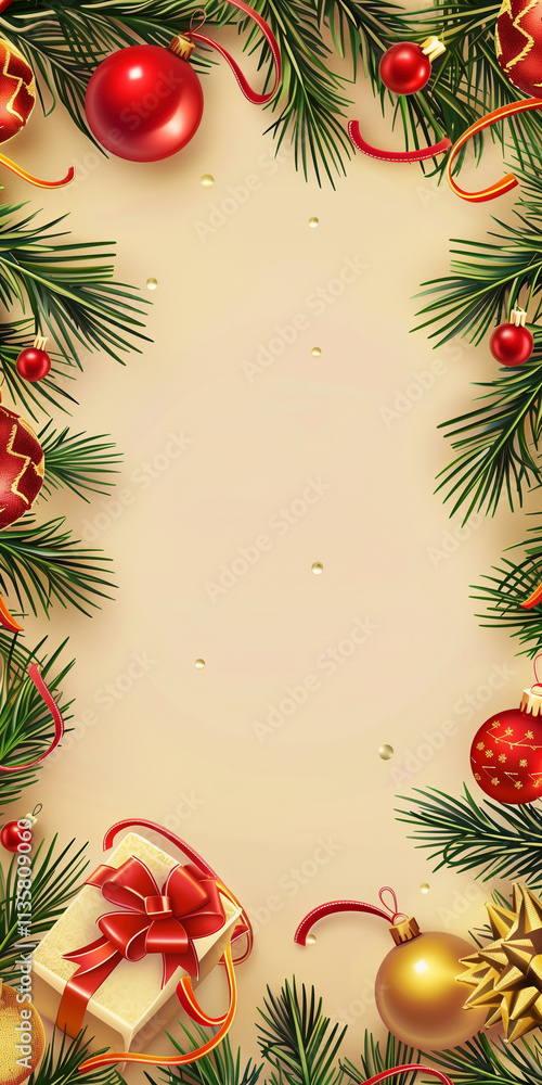 Create a cozy and celebratory Christmas card featuring a beige background bordered by green pine branches.1 Create a cozy and celebratory Christmas card featuring a beige background bordered by green pine branches.1