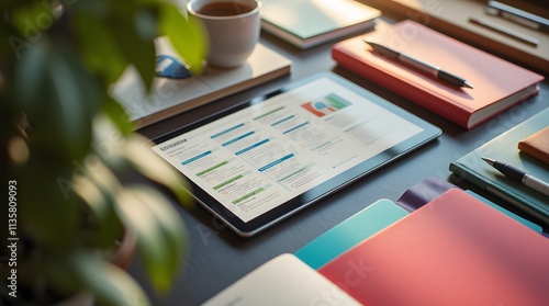 Organized workspace: tablet displaying a checklist, notebooks, pens, and a plant. Productivity and planning concept. photo