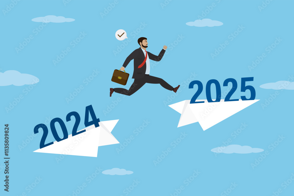 Obraz premium Smart businessman changing of direction and jump on paper plane with 2025 year. Starting new 2025 year, celebrating. Future forecasting, hope of new opportunities and goals