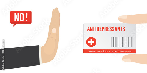 Human hand showing refusal gesture. Pharmacist offers a package of antidepressants. Liberation from pills and medical addiction. Freedom and health.