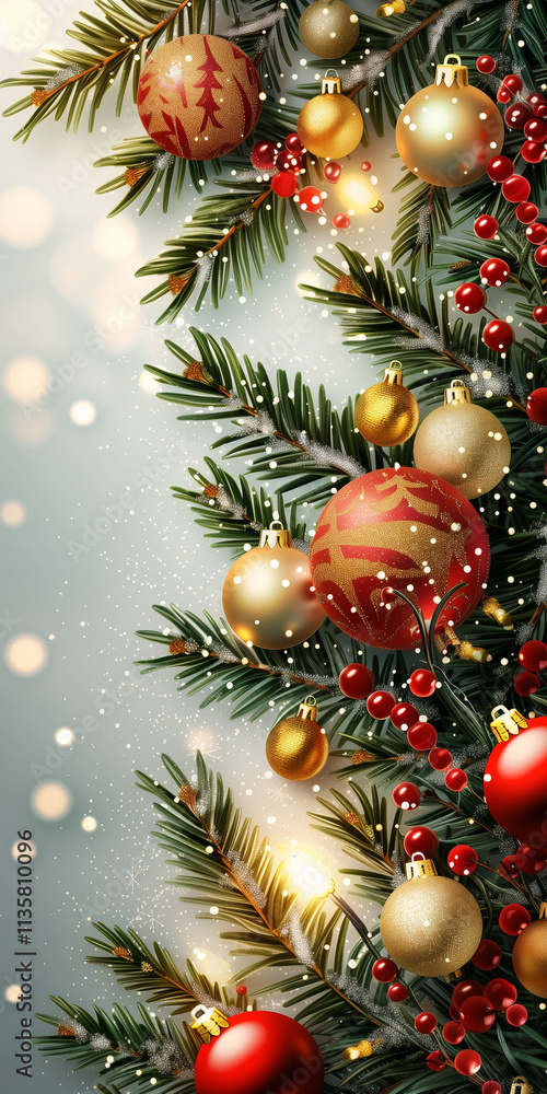 Illustrate a festive Christmas card background with lush fir branches, sparkling garlands, and red and gold ornaments.1 Illustrate a festive Christmas card background with lush fir branches, sparkling garlands, and red and gold ornaments.1
