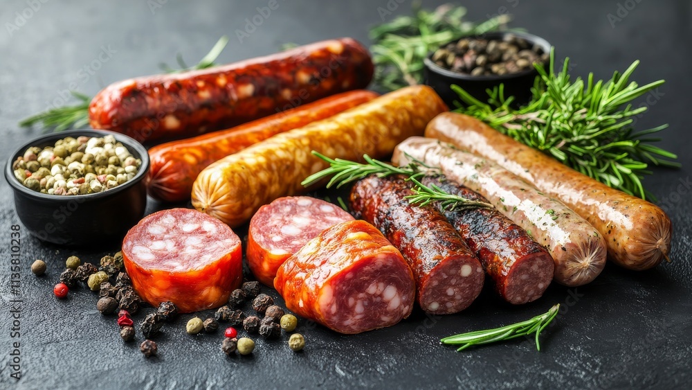 Assorted sausages and spices arranged on a dark surface Assorted sausages and spices arranged on a dark surface