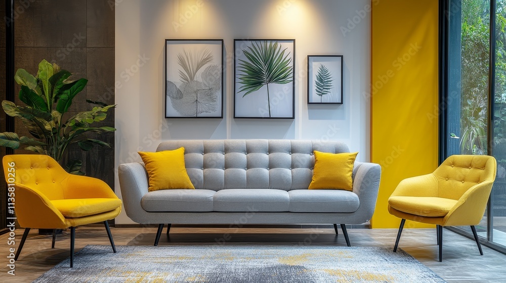 Fototapeta premium Modern living room interior with a grey sofa, yellow armchair, yellow wall, and white background. Stylish and contemporary home decor design, ideal for artwork mockups or product advertising