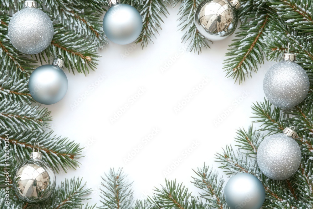 Elegant Christmas Frame with Blue and Silver Ornaments Surrounded by Pine Branches Creating a Beautiful Holiday Border for Festive Greetings