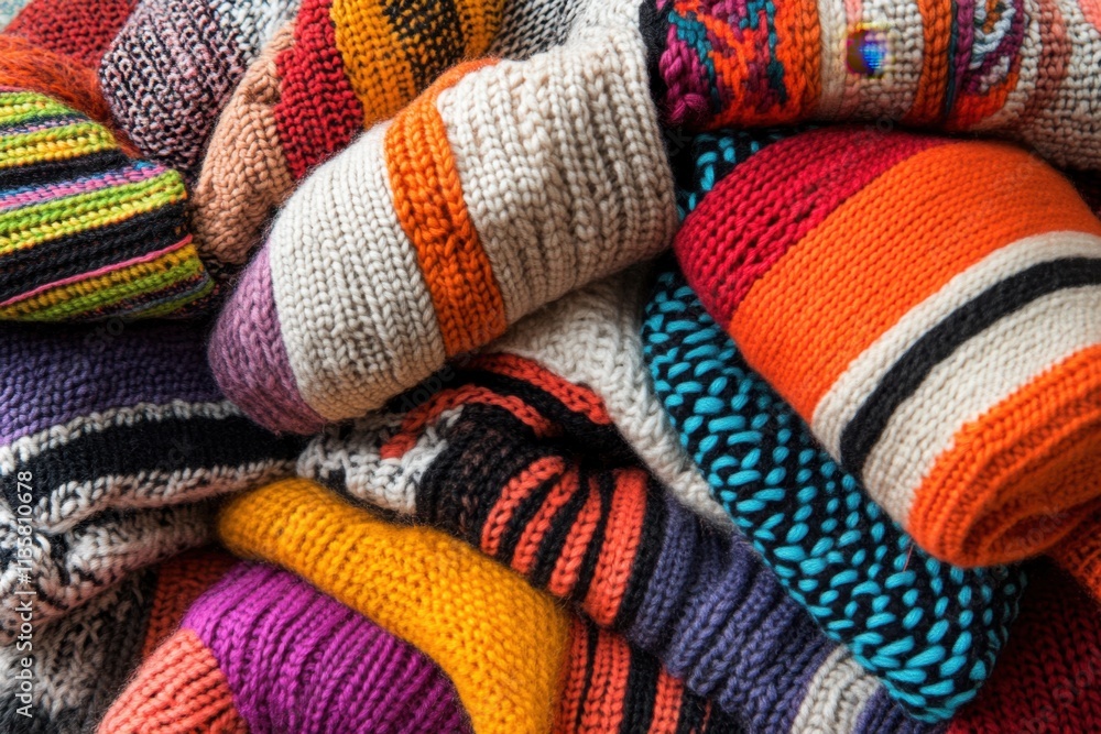 Colorful Knitted Sweaters Stacked High In A Pile Colorful Knitted Sweaters Stacked High In A Pile