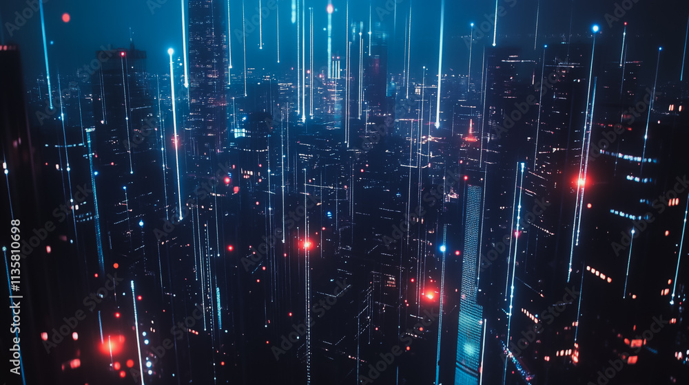 Obraz premium Smart digital Innovation city with connection network reciprocity over the cityscape. of future smart wireless digital city and social media networking systems that connects people with in city