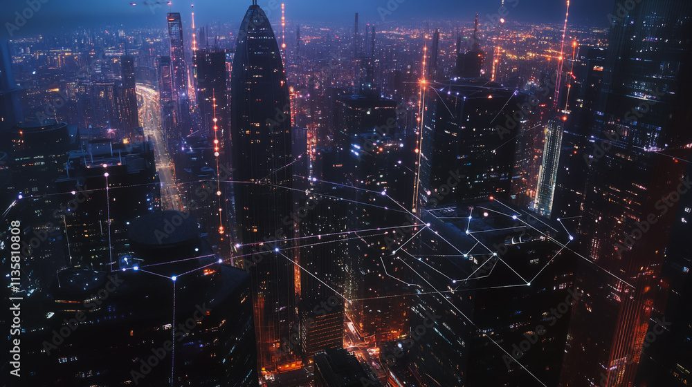 Smart digital Innovation city with connection network reciprocity over the cityscape. of future smart wireless digital city and social media networking systems that connects people with in city Smart digital Innovation city with connection network reciprocity over the cityscape. of future smart wireless digital city and social media networking systems that connects people with in city