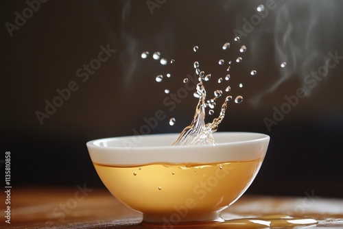 Golden Tea Splashing Into A White Bowl photo