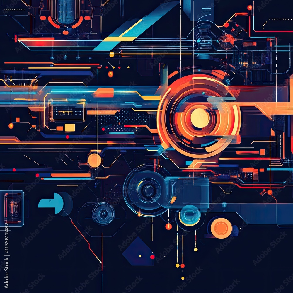 Abstract digital art with glowing lines, circles, and geometric shapes. Abstract digital art with glowing lines, circles, and geometric shapes.