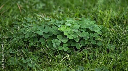 A group of clovers in a grassy field, with one lucky four-leaf clover standing out among them. photo