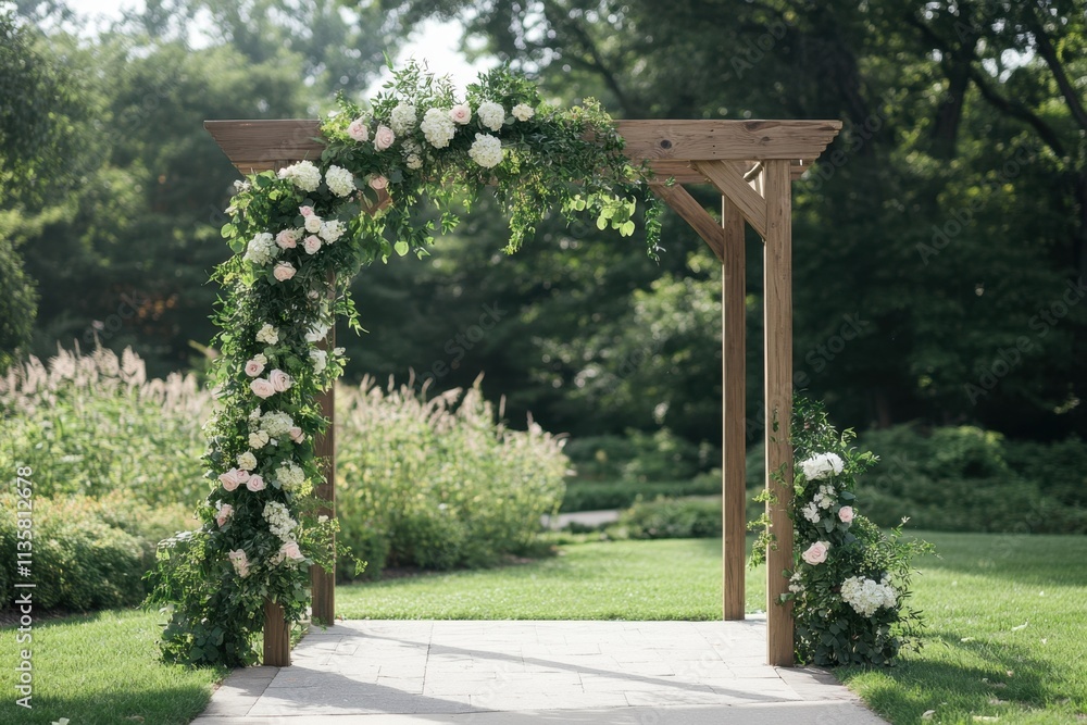 Wooden Wedding Arch Decorated With Roses And Greenery Wooden Wedding Arch Decorated With Roses And Greenery