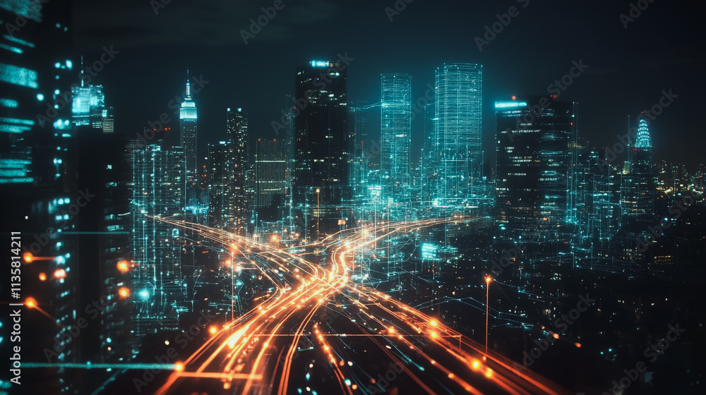 Smart digital Innovation city with connection network reciprocity over the cityscape. of future smart wireless digital city and social media networking systems that connects people with in city Smart digital Innovation city with connection network reciprocity over the cityscape. of future smart wireless digital city and social media networking systems that connects people with in city